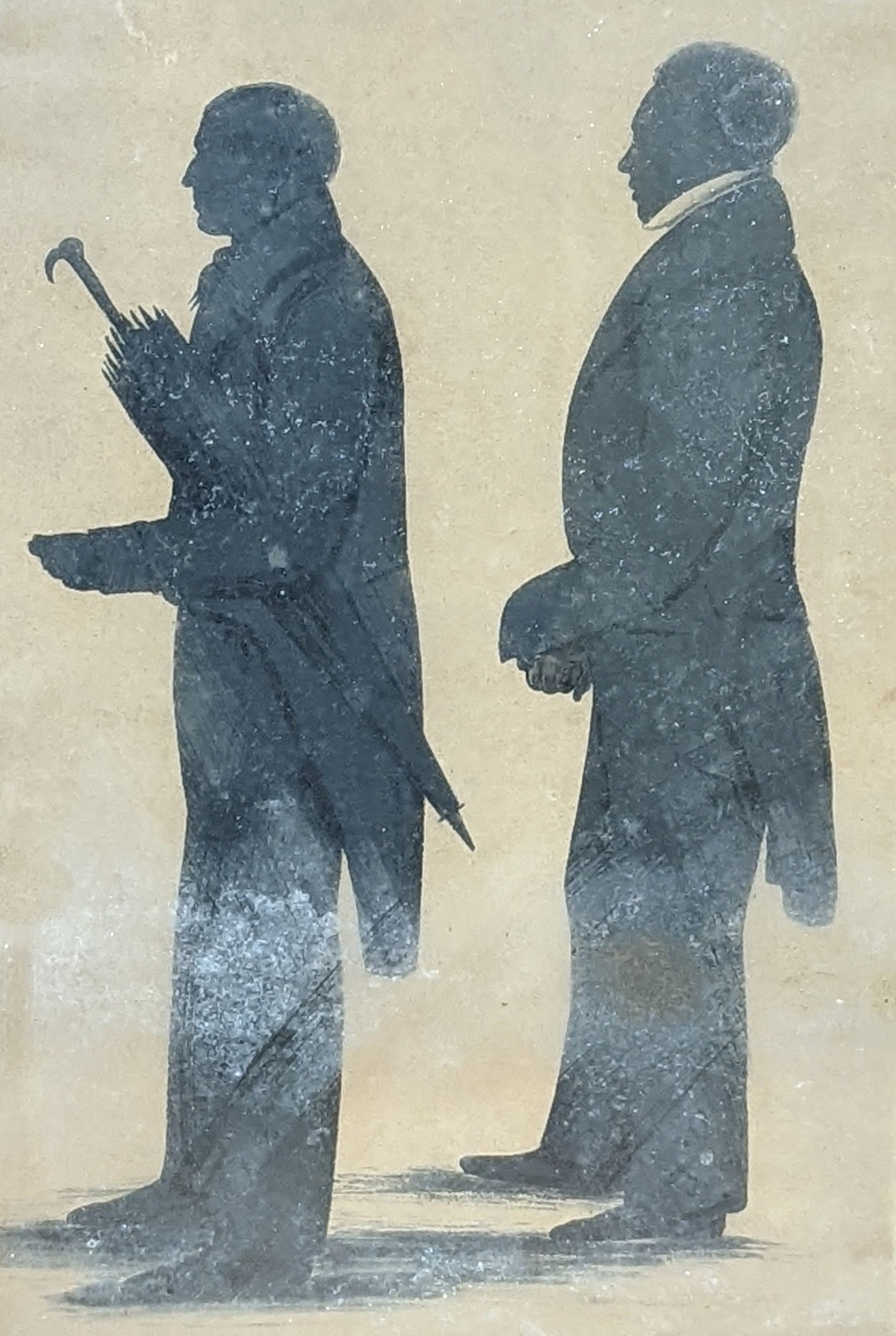 Charles Taylor (19th C.) full length painted silhouette, profiles of James Dobson, surgeon of Eaglesham and James Dunedun of Maresfield near Glasgow, labels verso, 23 x 15cm